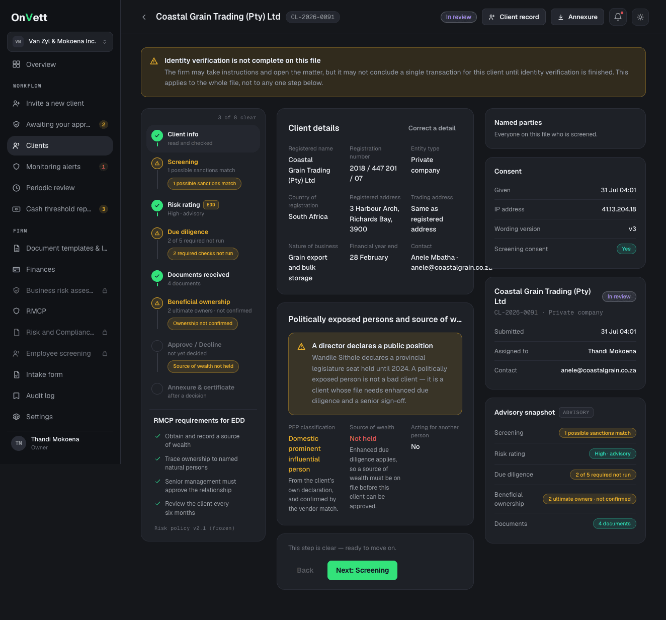 Onvett client review screen: step rail, client details, advisory snapshot, sample data